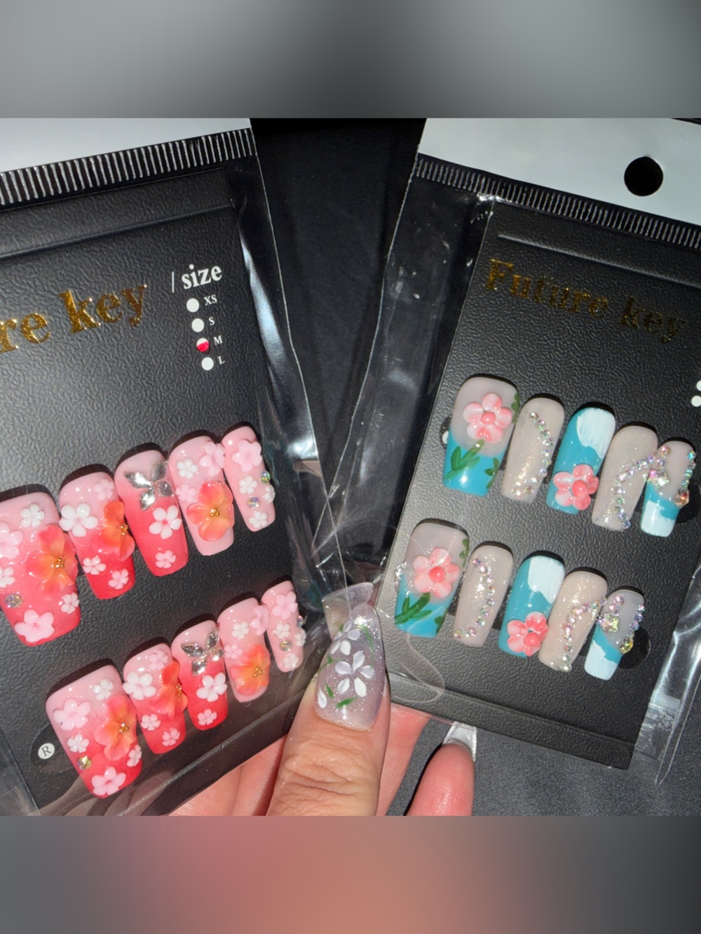 2pk (MEDIUM) Floral Press-On Nail Sets — Pink & Blue Flower Designs